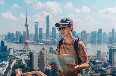 Asia tourist looking at map. Beautiful tourist attractions. generative aiの素材