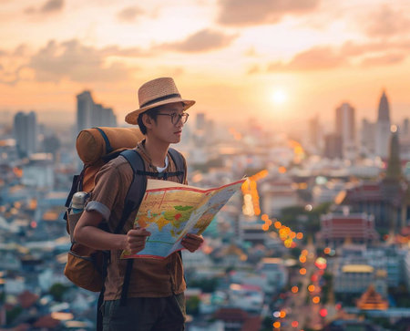 Asia tourist looking at map. Beautiful tourist attractions. generative aiの素材