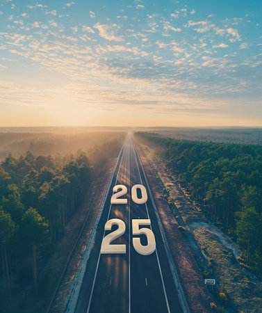 Happy New Year 2025, white numbers 2025 on the road, generative aiの素材