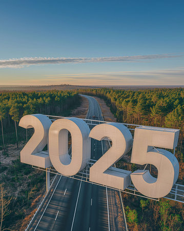 Happy New Year 2025, white numbers 2025 on the road, generative aiの素材