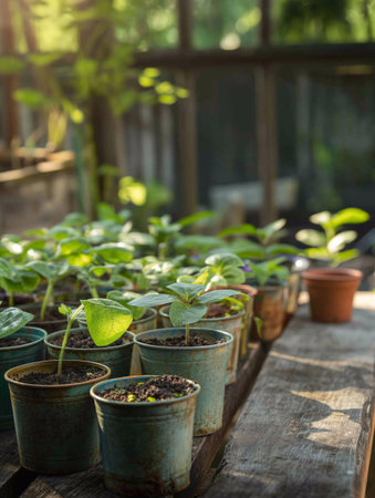 A housewife is growing a garden using reused containers from Household items. Reuse conceptの素材
