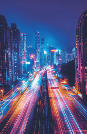 Highway in the future modern big city, nighttime, beautiful lights.の素材