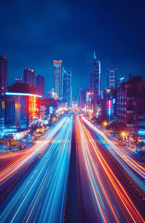 Highway in the future modern big city, nighttime, beautiful lights.の素材