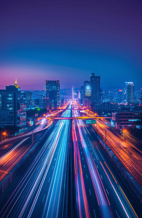 Highway in the future modern big city, nighttime, beautiful lights.の素材