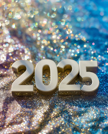 Numbers 2025 for celebrating the new year 2025 Holographic fluid liquid glitter illustrationの素材