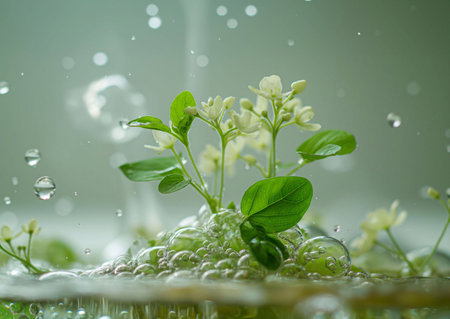a close-up of a plant with green leaves and small flowers. The leaves are covered in bubbles water droplets, and the flowers are in full bloom. The background is blurred,の素材