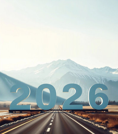 Happy New Year 2026 The number 2026 stands on a highway amidst the mountains in the morning.の素材