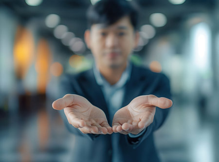 Palm outstretched, Close-up of businessman, against a building backdrop.の素材