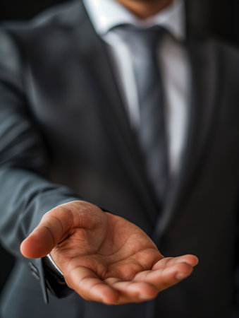 Businessman offering his hand for a handshake, close-up.の素材