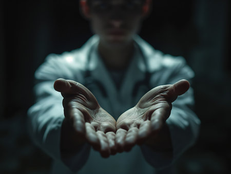 Close-up of a male scientist in a lab coat holding out his handsの素材