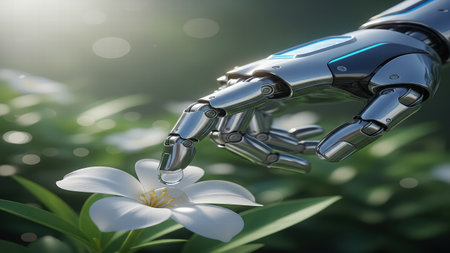 AI-Robot-Hand-Nature-Water-Drop-Green-Tech-Future-Ecologyの素材