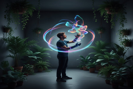 Woman Interacting with Light Trails using Haptic Glovesの素材