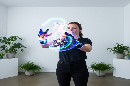 Woman Interacting with Light Trails using Haptic Glovesの素材