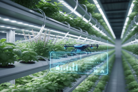 Drone Monitoring Vertical Farm with Data Displayの素材