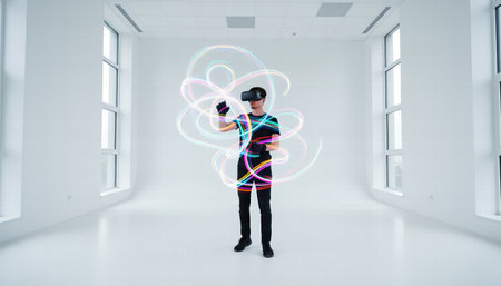 Woman Interacting with Light Trails using Haptic Glovesの素材