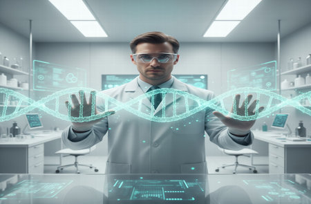 Scientist Interacting with Holographic DNA Genetic researchの素材