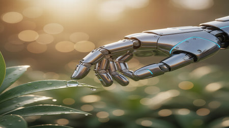 AI-Robot-Hand-Nature-Water-Drop-Green-Tech-Future-Ecologyの素材