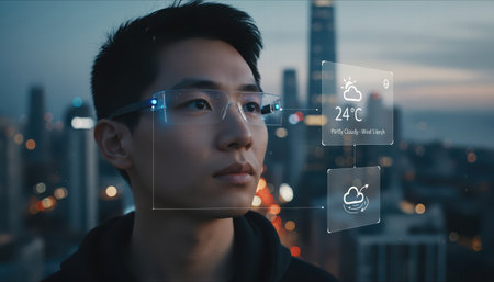 Man Using AR Glasses with Smart City Viewの素材