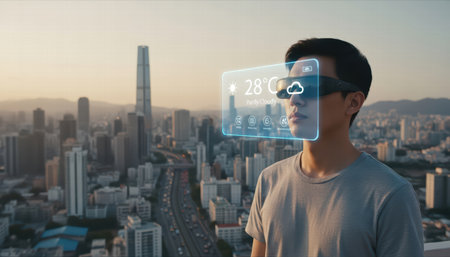 Man Using AR Glasses with Smart City Viewの素材
