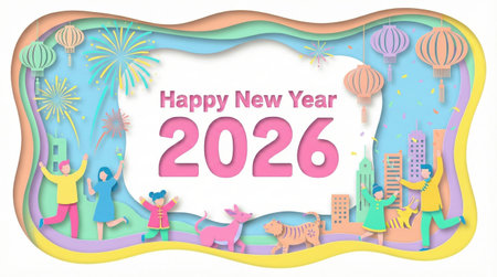 Happy New Year 2026 pastel paper cut illustration with celebrating people, fireworks and city backgroundの素材