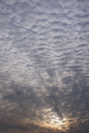 Blue sky and white clouds shining in evening golden sun light.の写真素材