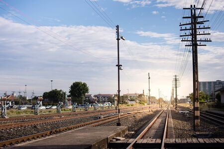 Railway corridor. Double-track railway go to station.の写真素材