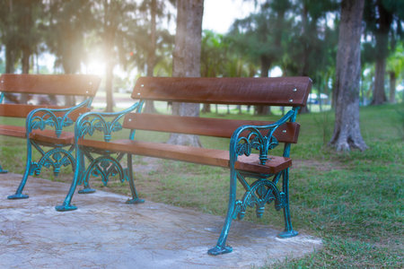 Empty chair at the park with lighting evening.の写真素材
