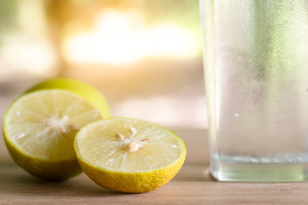 Fresh soda lemon in a Glass with Lemon Slices. Soda lemon juice.の写真素材