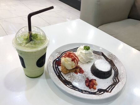 Chocolate lava cake with vanilla ice creamの写真素材