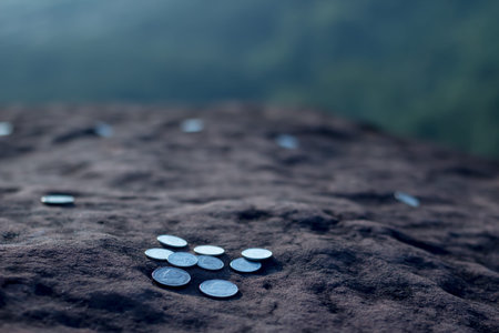 Money coin placed on the stone. Expressing economic conceptの写真素材