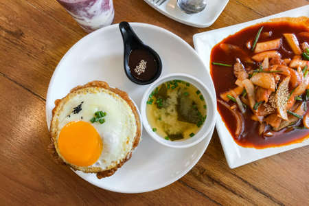 Kimchi fried rice with fried egg and pork. Korean food style.の写真素材
