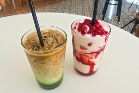 Green Tea and Strawberry Smoothie Dessert in the storeの写真素材