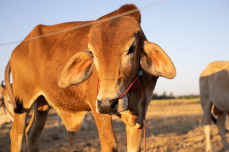 Thai cow in field which traditional cow in urban, Cow in field on sunsetの写真素材