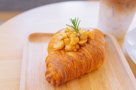 Croissant Bakery homemade on the table breakfast tray with gold and crispyの写真素材