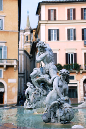 The Fountain of the Neptune in Rome, also known as the Fountain of the Boilermakers, is located at the northern extremity of Piazza Navona.の写真素材