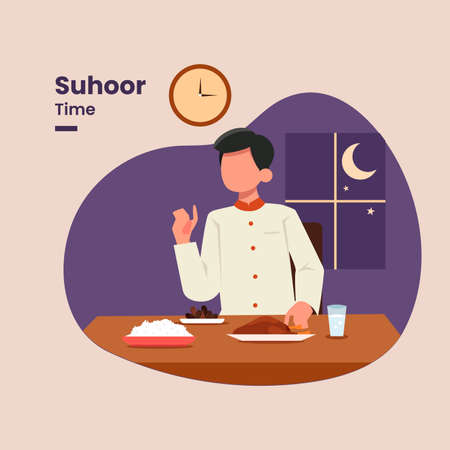 Young man eating at early morning for fasting. Suhoor Time in Ramadan vector illustration.のイラスト素材