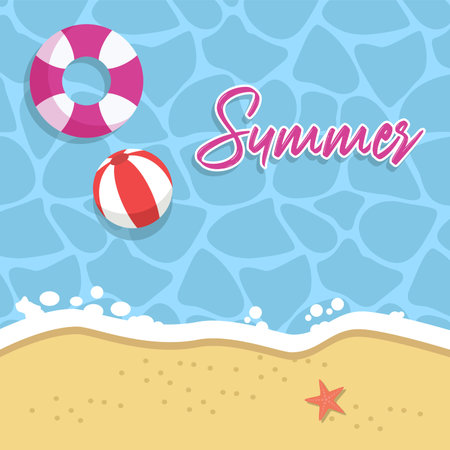 Summer holiday with beach ball and swim ring in sea. Background for holiday seasonal purposes. Vector illustrationのイラスト素材