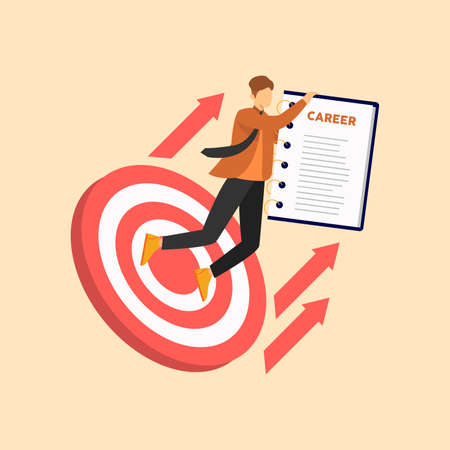 Employee jumping to their goal and upgrade career. Move up motivation, the path to the target's achievement. Vector illustration.のイラスト素材