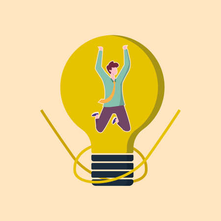 Young worker is very happy. He jumps and gets Idea, solution, thinking on Electric lamp. Creative idea and inspiration concept. Vector illustration.のイラスト素材