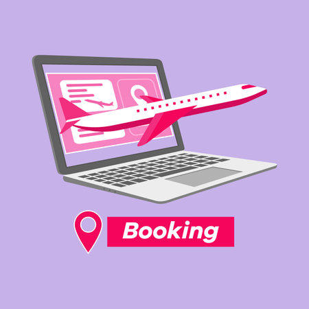 Airliner flying out from screen. Ticket can bought and booking by laptop. Colored flat vector illustration.のイラスト素材