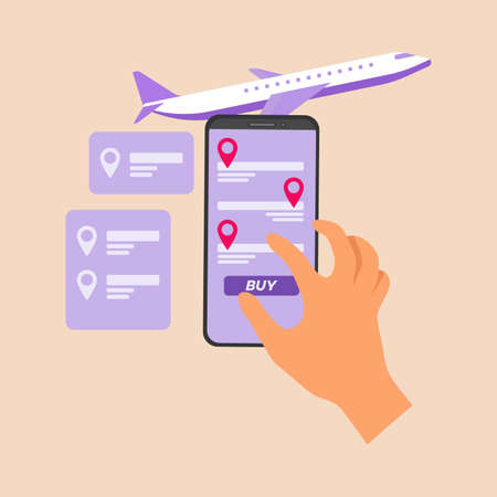 Young man's hand using a touch screen mobile phone to buy a plane ticket via online web. Flat vector illustrations.のイラスト素材