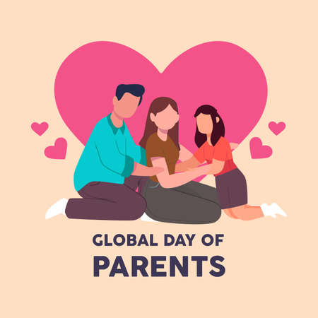 Happy family is sitting. Mom, dad and daughter at home, against the background of love. global day of parents. Colored flat graphic vector illustration.のイラスト素材