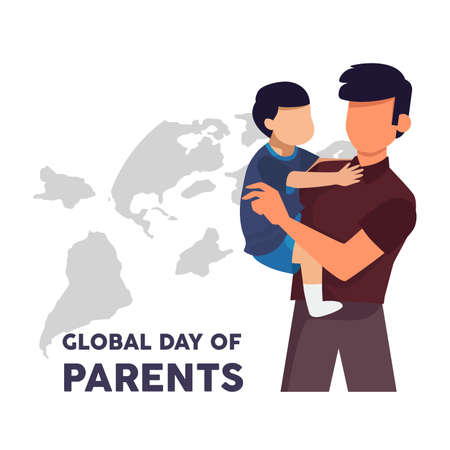 Little boy in father arms. Single father carrying his son. Global day of parents.  Colored flat graphic vector illustration.のイラスト素材