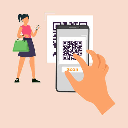 Young girl shopping and paying with barcode in smartphone. QR code scanning concept. payment system vector flat illustration.のイラスト素材
