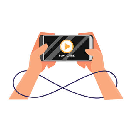 Man hands holding modern black phone in horizontal position. Colored flat graphic vector illustration.のイラスト素材