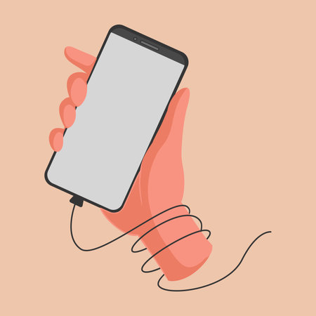 Young boy holding smartphone with blank screen, closeup of hand. Colored flat graphic vector illustration.のイラスト素材