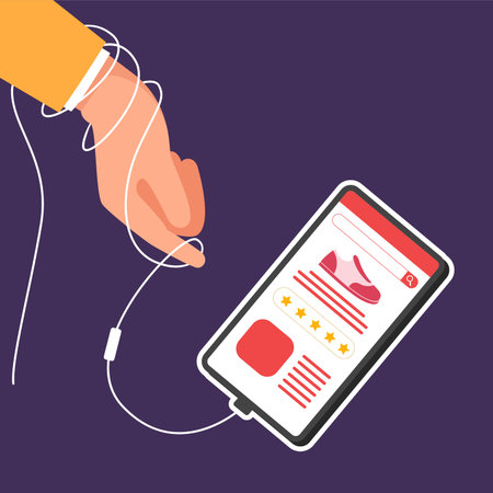 Smartphone connected with earphone. Shopping online screen on cellphone. Colored flat graphic vector illustration.のイラスト素材