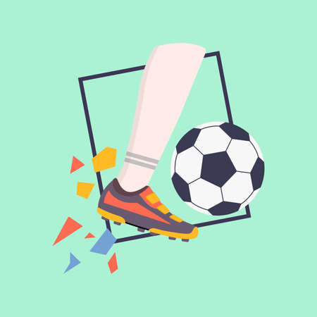 Football player kicking soccer ball in action. Colored flat graphic vector illustration.のイラスト素材