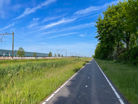 Pedal alongside the rhythmic flow of trains on a bike lane parallel to the tracks, where adventure and urban vibes converge in a unique and dynamic journeyの写真素材