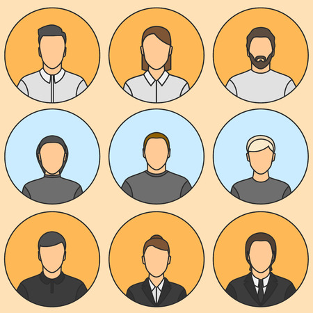 Nine human avatars. Five male, four female. Four office workers, four young, one with beardのイラスト素材